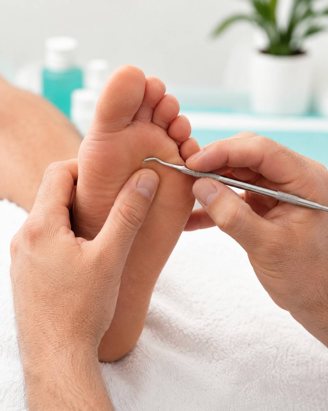 Detailaufnahme einer Fußpflege mit Männerhänden an einem Fuß