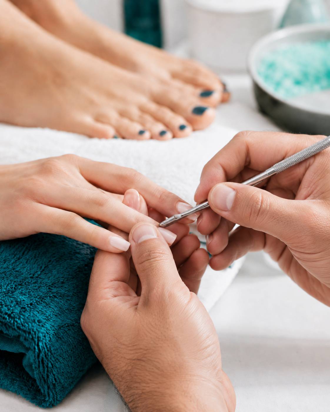 Detailaufnahme einer professionellen Handpflege mit Männerhänden