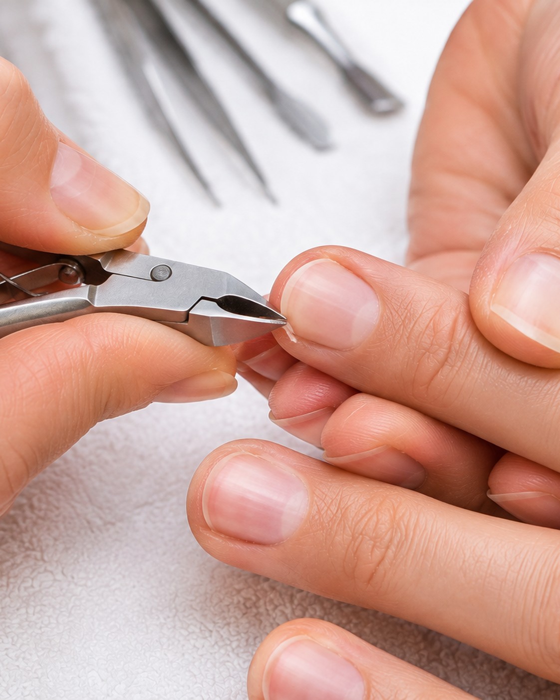 Fingernägel werden präzise mit einer Zange gekürzt