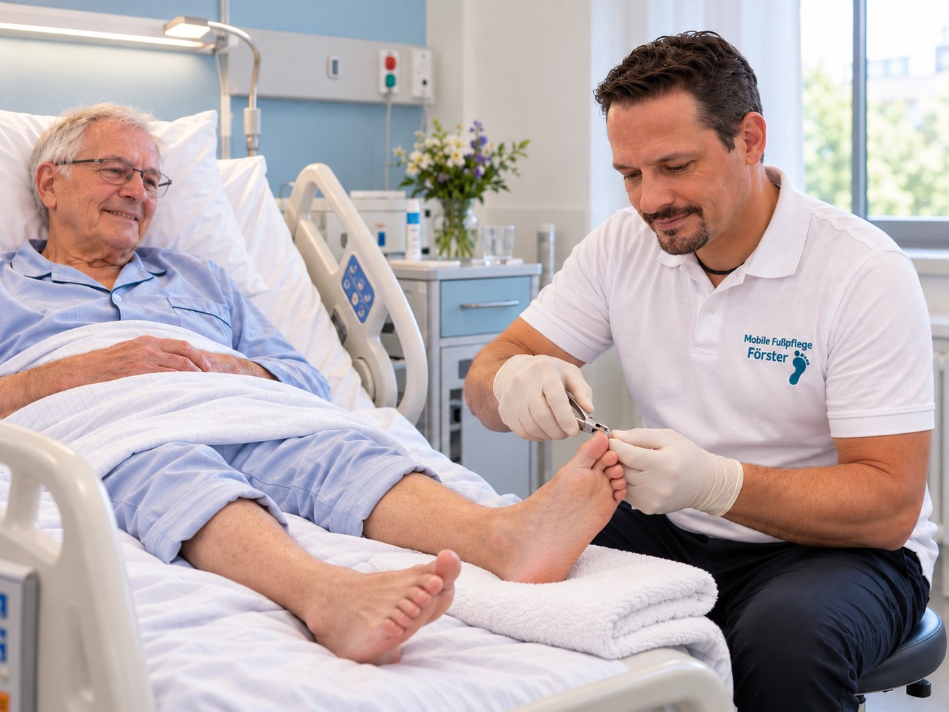 Fußpflege bei einem Patienten im Krankenbett