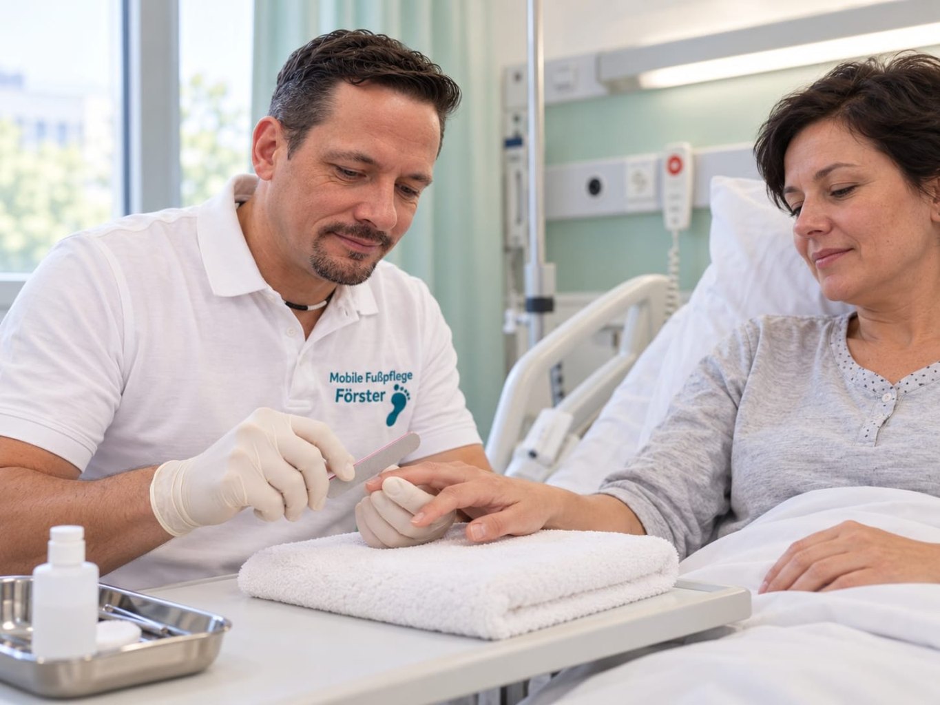 Handpflege bei einer Patientin im Krankenbett