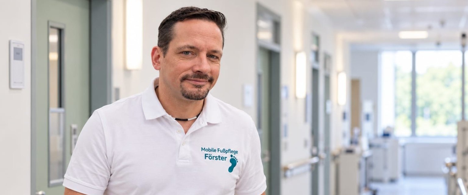 Fußpfleger Dennis Förster mit Behandlungstasche auf dem Flur einer Klinik