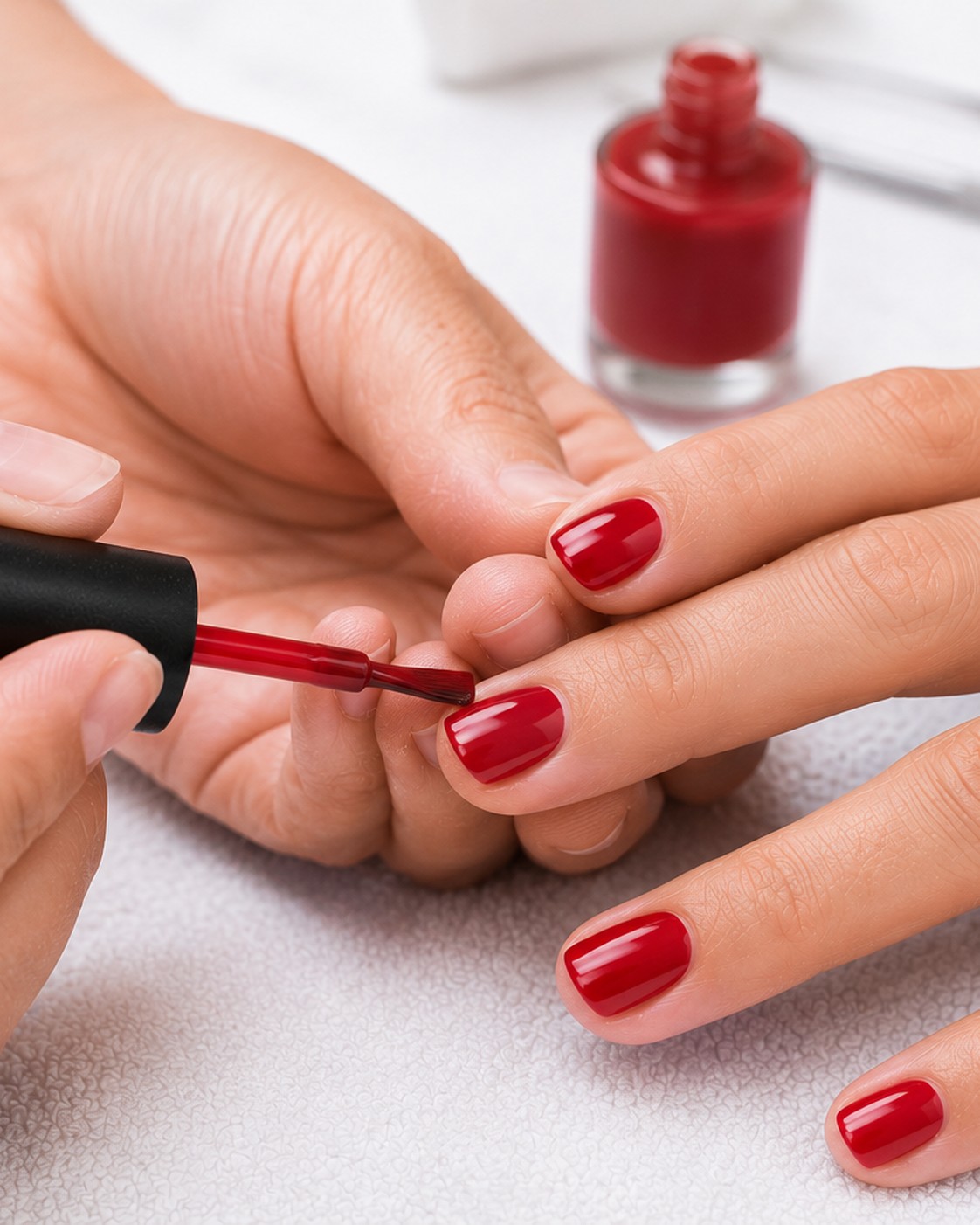 Roter Nagellack wird sorgfältig auf die Fingernägel aufgetragen