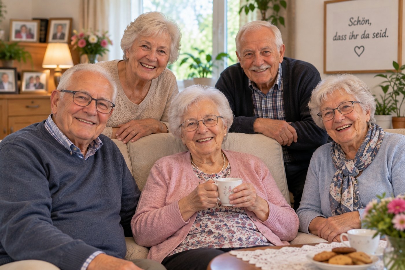 Gruppe lächelnder Seniorinnen und Senioren im Wohnzimmer bei Kaffee und Keksen